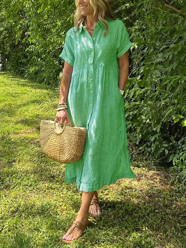 Women's Casual Woven Midi Dress with Collar and Button Placket