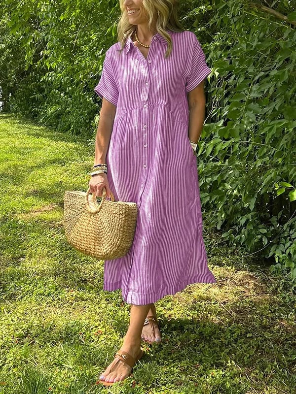 Women's Casual Woven Midi Dress with Collar and Button Placket