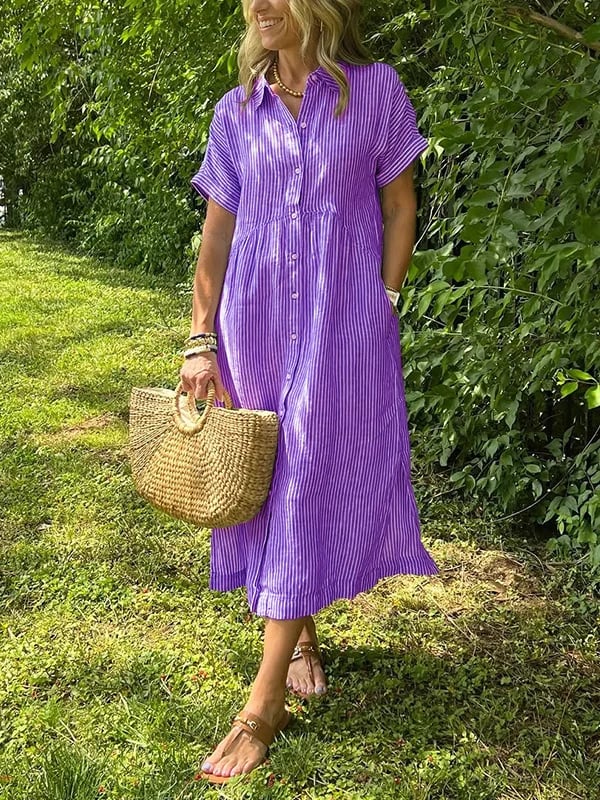 Women's Casual Woven Midi Dress with Collar and Button Placket