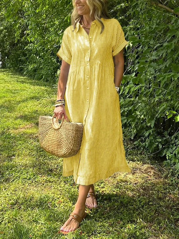 Women's Casual Woven Midi Dress with Collar and Button Placket