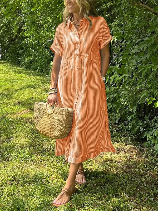 Women's Casual Woven Midi Dress with Collar and Button Placket