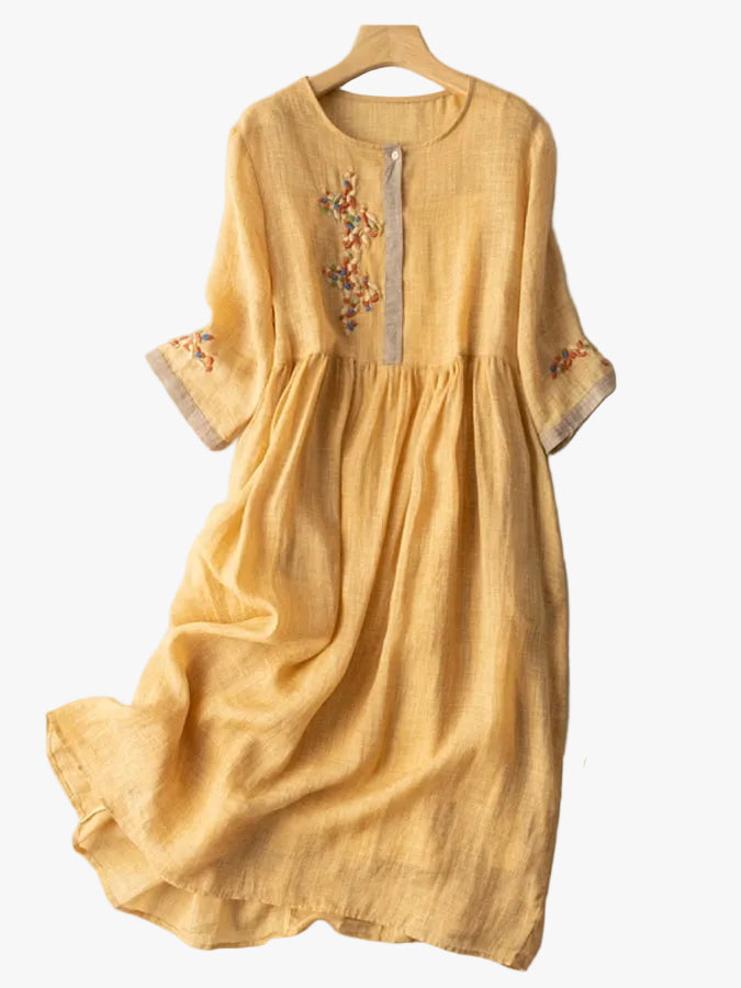 Women's Casual Woven Midi Dress with Embroidery and Button Placket