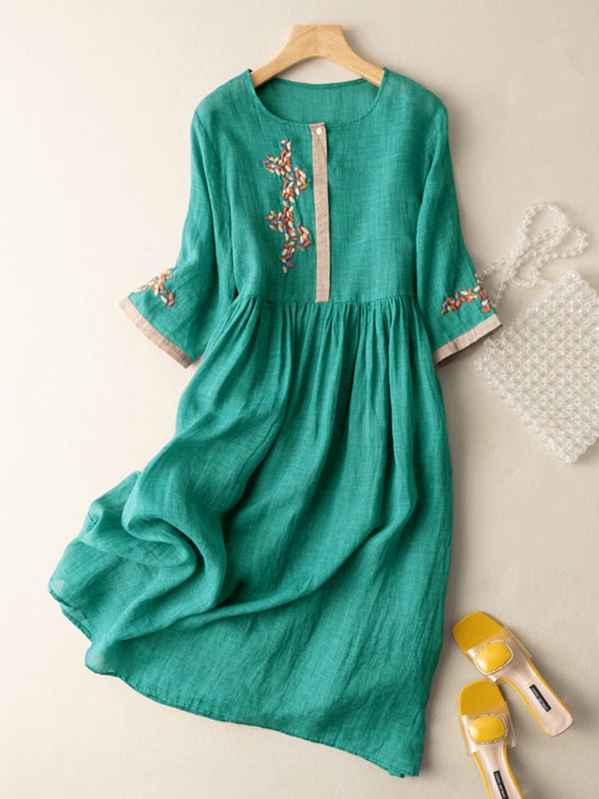 Women's Casual Woven Midi Dress with Embroidery and Button Placket
