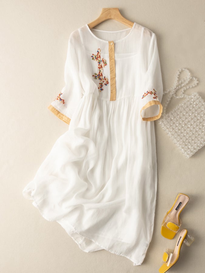 Women's Casual Woven Midi Dress with Embroidery and Button Placket