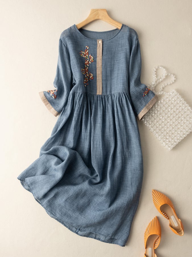 Women's Casual Woven Midi Dress with Embroidery and Button Placket