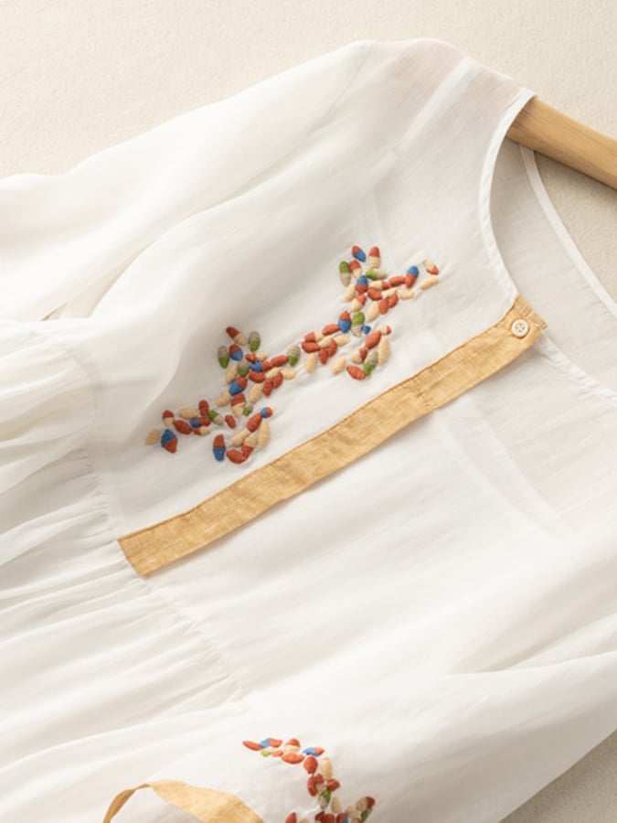 Women's Casual Woven Midi Dress with Embroidery and Button Placket