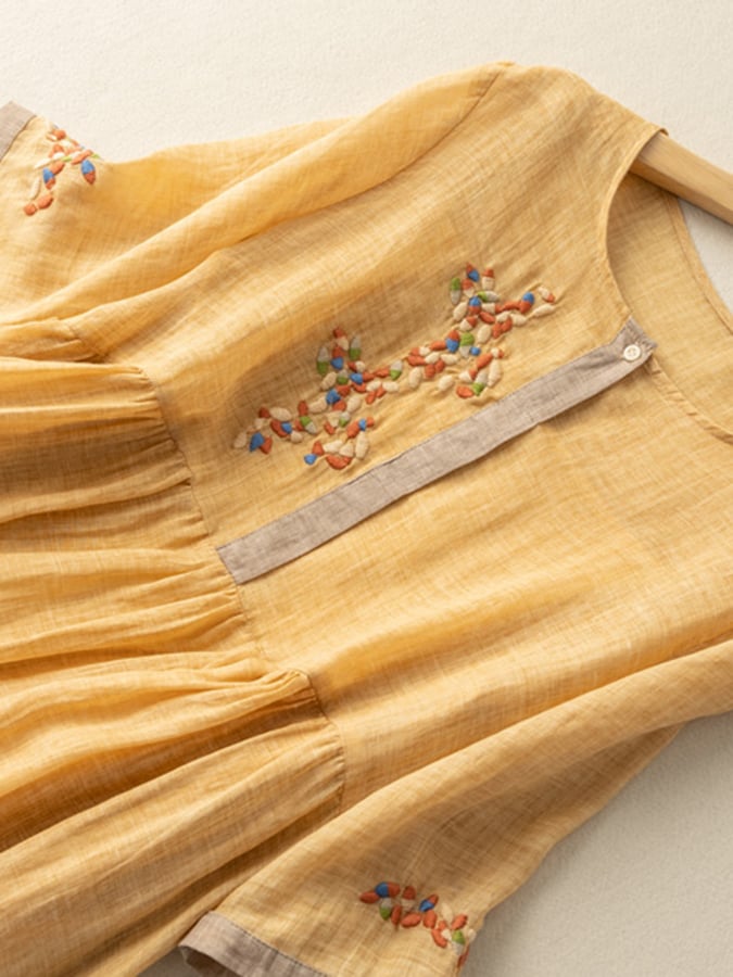 Women's Casual Woven Midi Dress with Embroidery and Button Placket