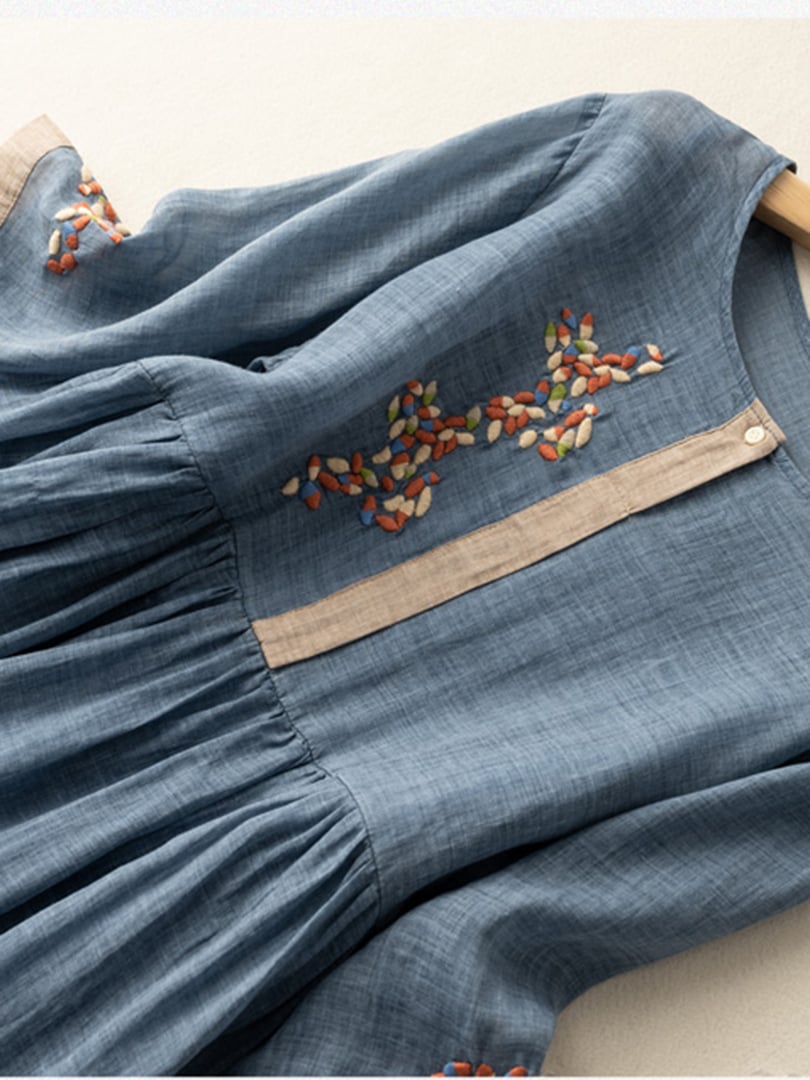 Women's Casual Woven Midi Dress with Embroidery and Button Placket