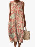 Women's Casual Woven Midi Dress with Floral Print and Tiered Skirt