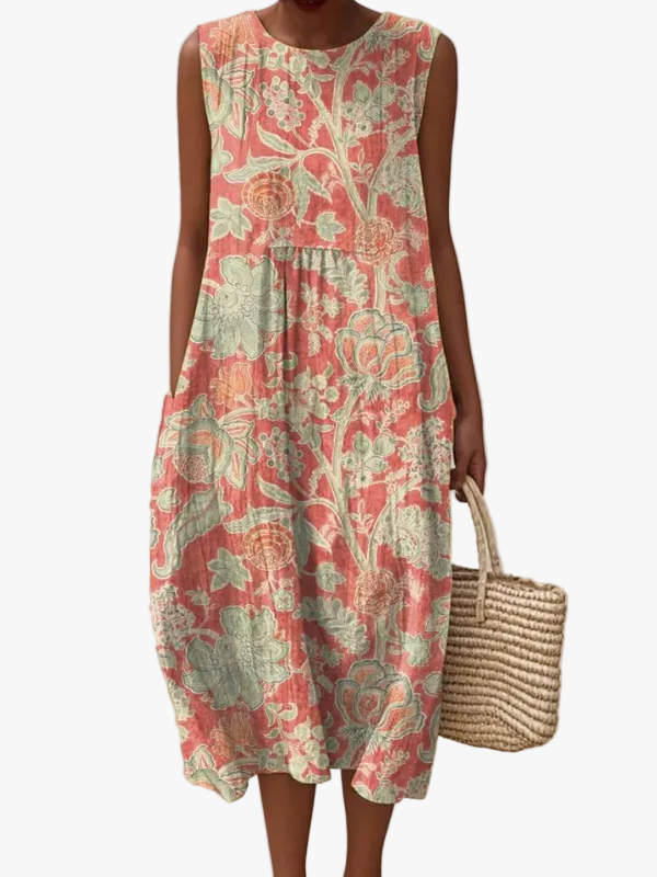 Women's Casual Woven Midi Dress with Floral Print and Tiered Skirt
