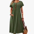 Women's Casual Woven Midi Dress with Pleated Front and Patch Pockets