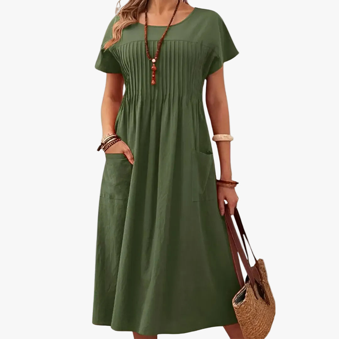 Women's Casual Woven Midi Dress with Pleated Front and Patch Pockets