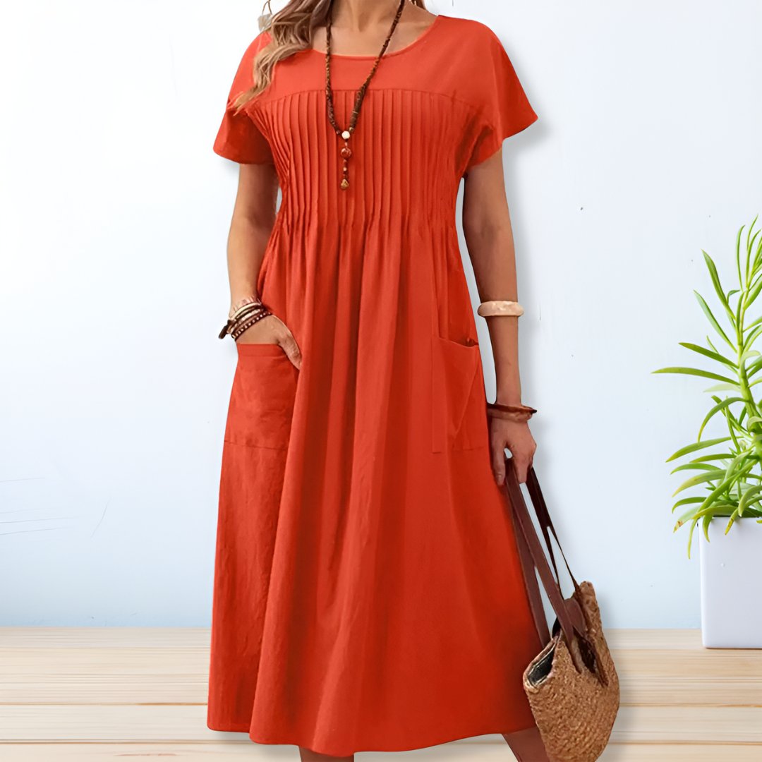 Women's Casual Woven Midi Dress with Pleated Front and Patch Pockets