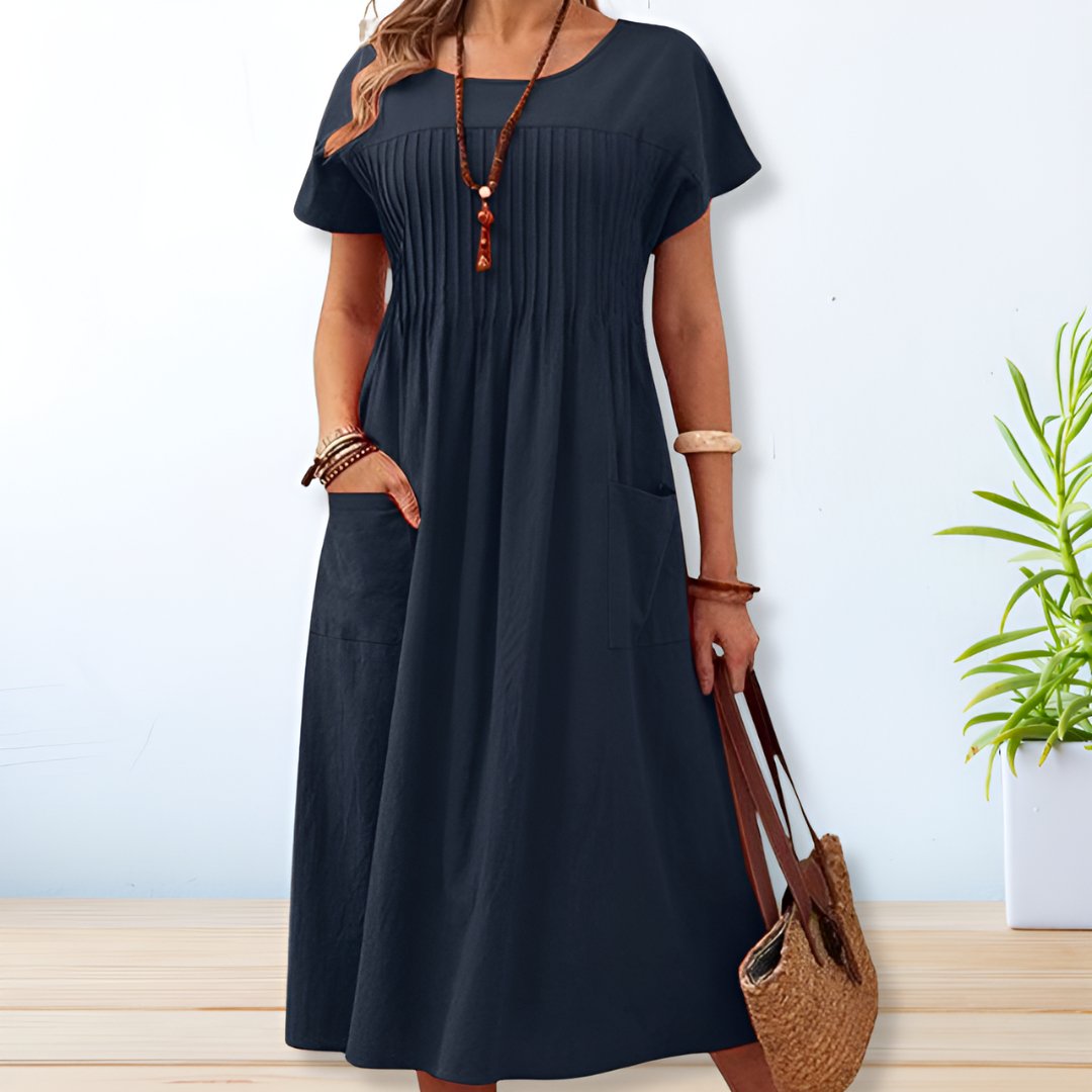 Women's Casual Woven Midi Dress with Pleated Front and Patch Pockets