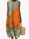 Women's Casual Woven Midi Dress with Round Neck and Octopus Print