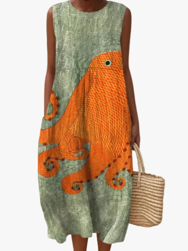 Women's Casual Woven Midi Dress with Round Neck and Octopus Print