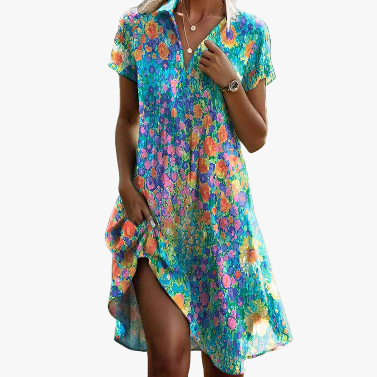 Women's Casual Woven Midi Dress with Short Sleeves and High-Low Hem