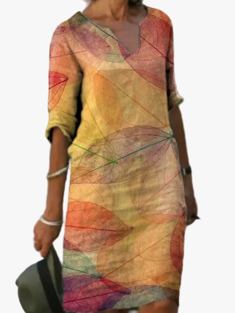 Women's Casual Woven Midi Dress with V Neck and 3/4 Sleeves