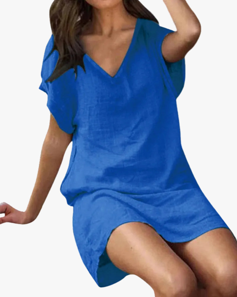 Women's Casual Woven Mini Dress with V Neck and Draped Sleeves