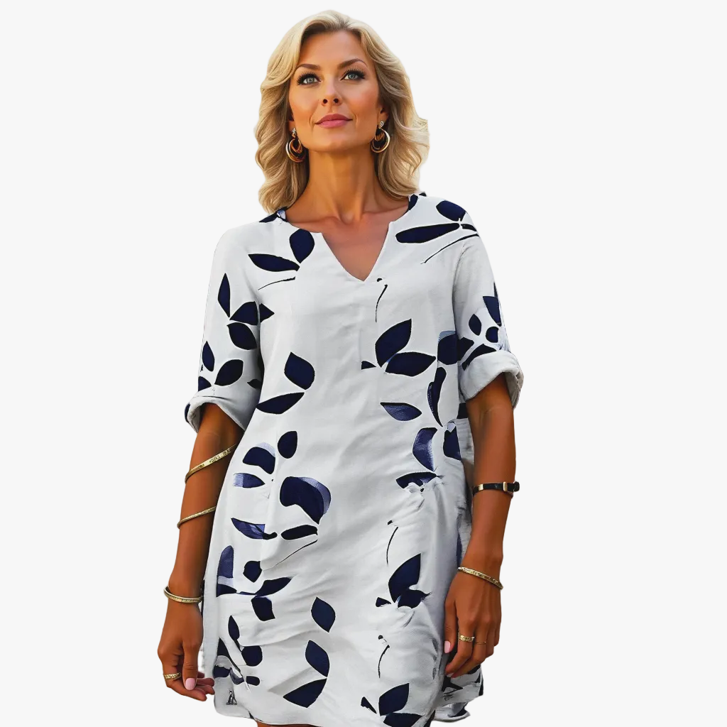 Women's Casual Woven Mini Dress with V Neck and Leaf Print