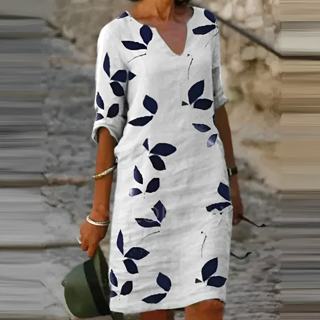 Women's Casual Woven Mini Dress with V Neck and Leaf Print
