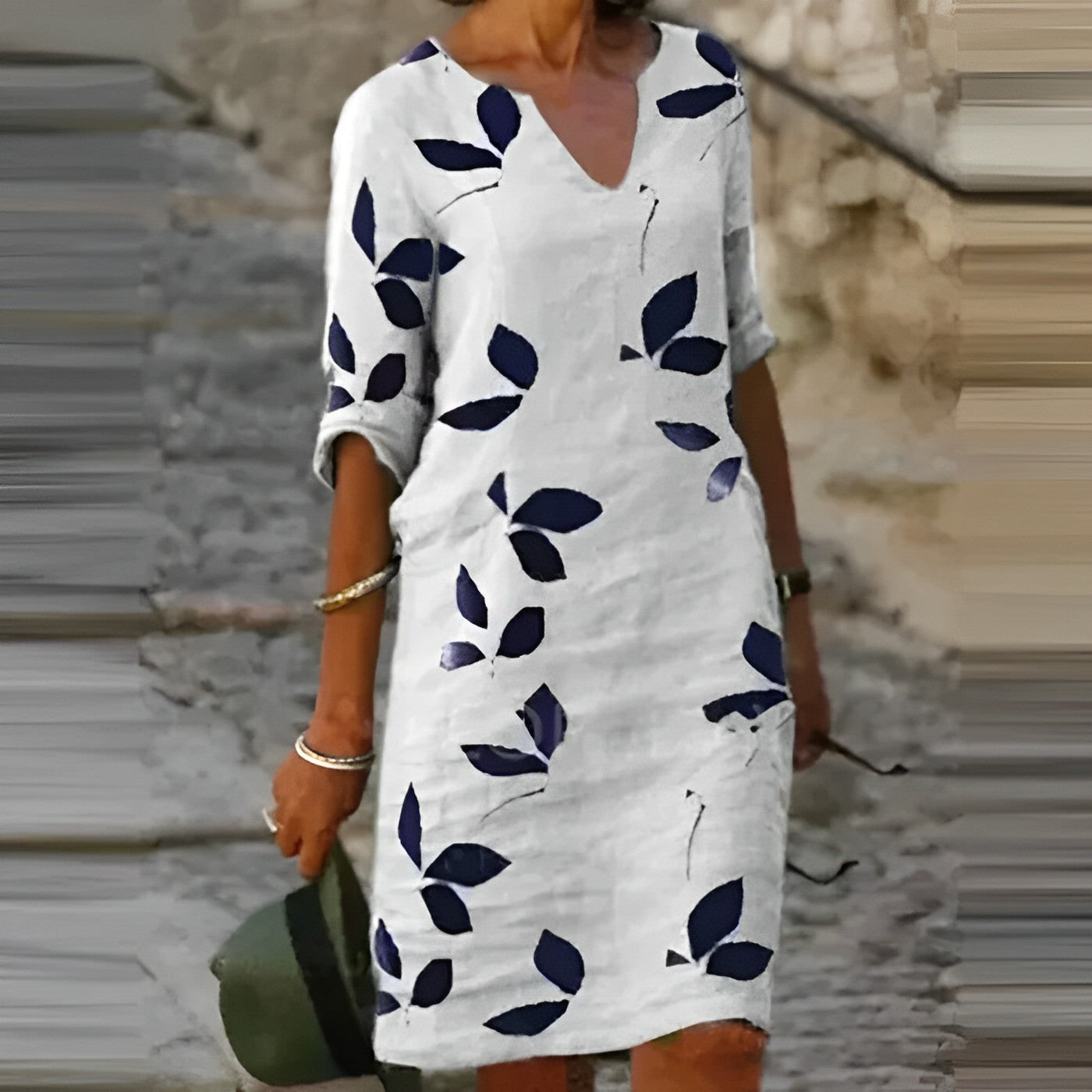Women's Casual Woven Mini Dress with V Neck and Leaf Print