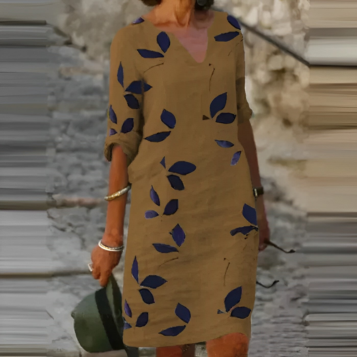Women's Casual Woven Mini Dress with V Neck and Leaf Print