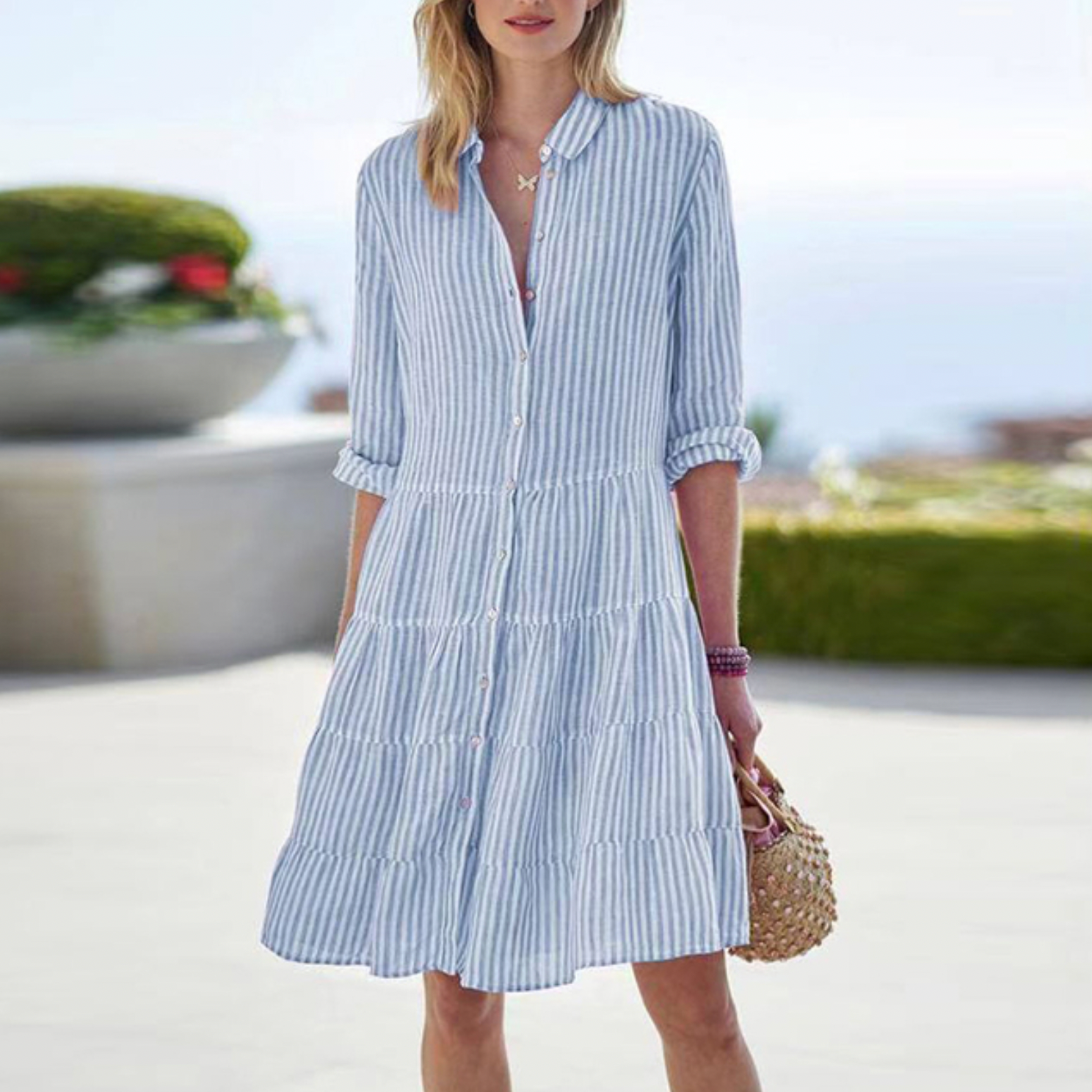 Women's Casual Woven Shirt Dress with Button Placket and Tiered Skirt