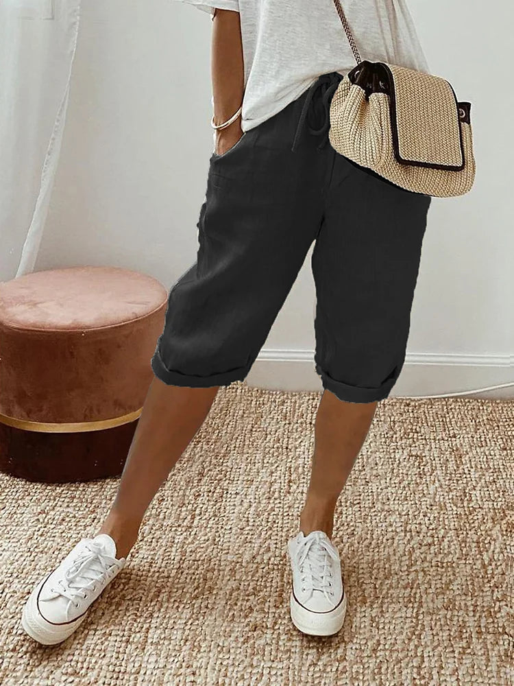 Women's Casual Woven Shorts with Drawstring Waist and Rolled Hem