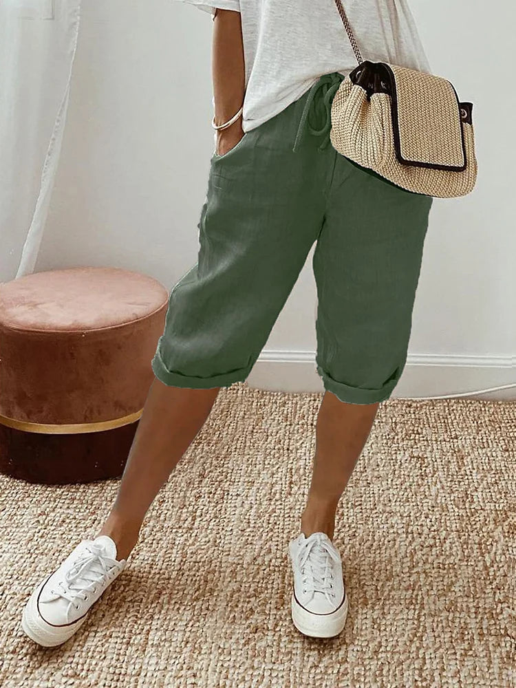 Women's Casual Woven Shorts with Drawstring Waist and Rolled Hem