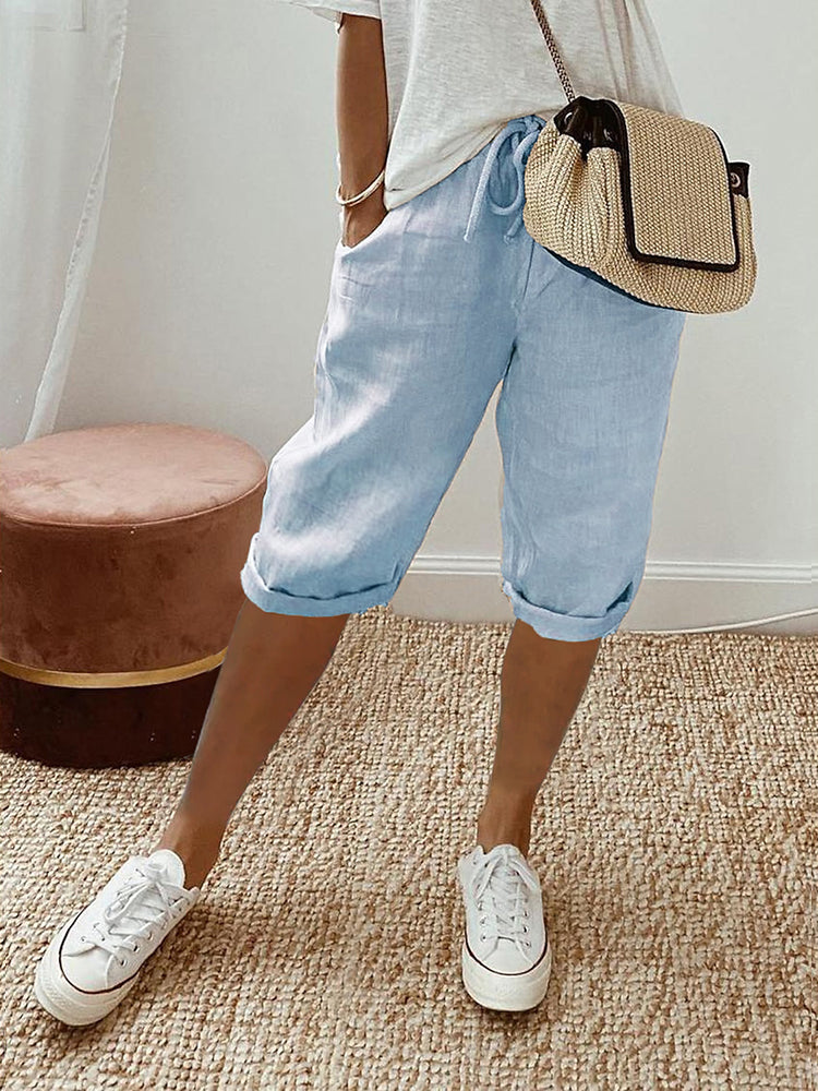 Women's Casual Woven Shorts with Drawstring Waist and Rolled Hem