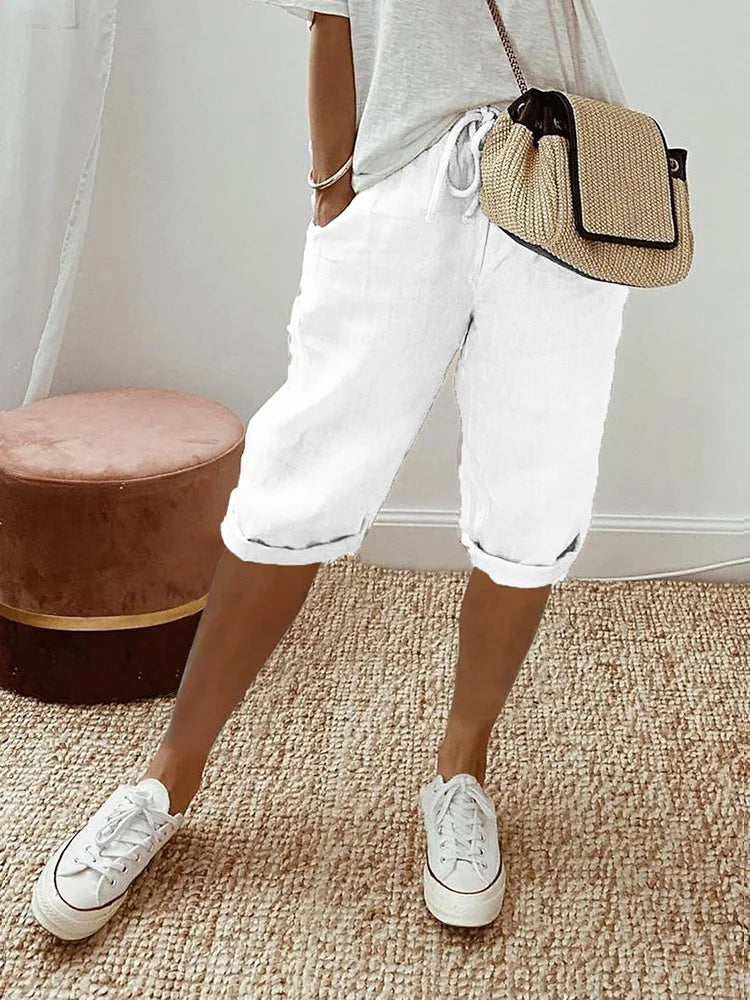 Women's Casual Woven Shorts with Drawstring Waist and Rolled Hem