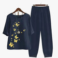 Women's Casual Woven Two-Piece Set with Printed Top and Elastic-Waist Pants