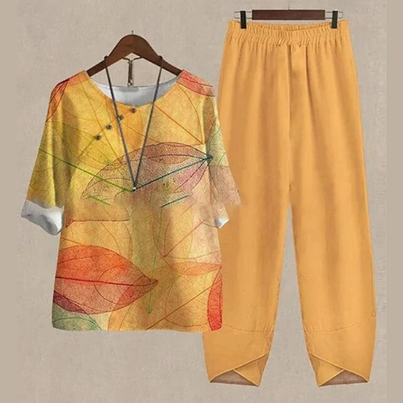 Women's Casual Woven Two-Piece Set with Printed Top and Elastic-Waist Pants