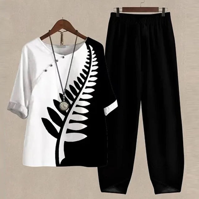 Women's Casual Woven Two-Piece Set with Printed Top and Elastic-Waist Pants