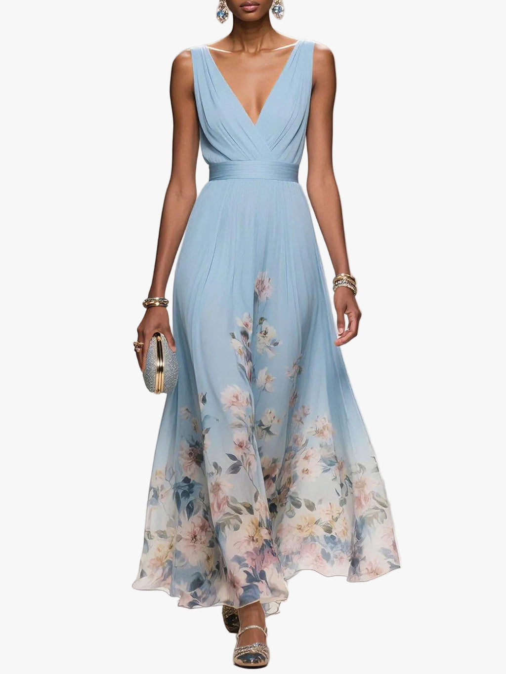 Women's Chiffon Maxi Dress with V Neck and Wide Straps