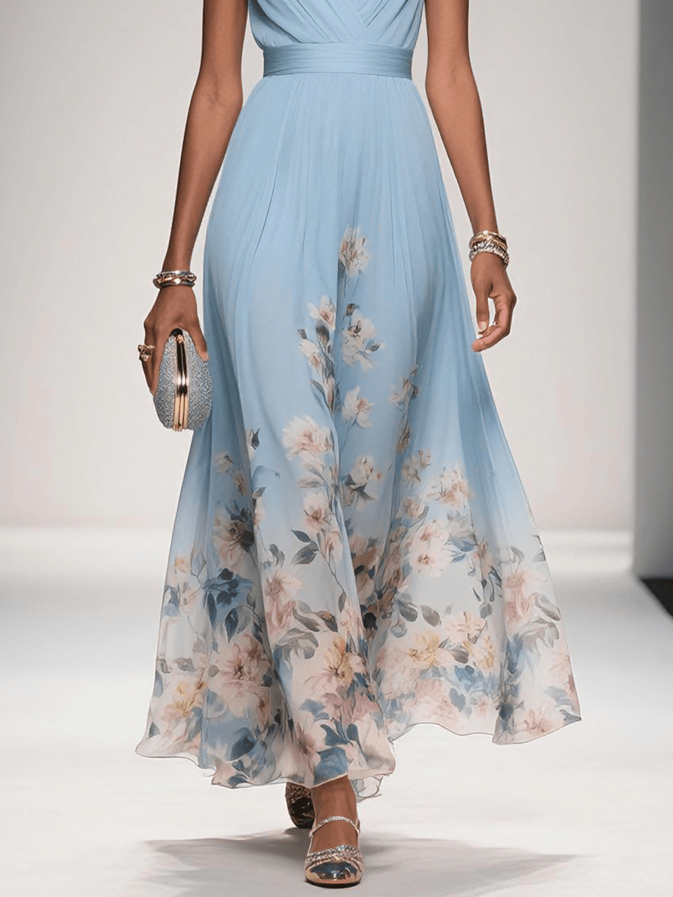 Women's Chiffon Maxi Dress with V Neck and Wide Straps