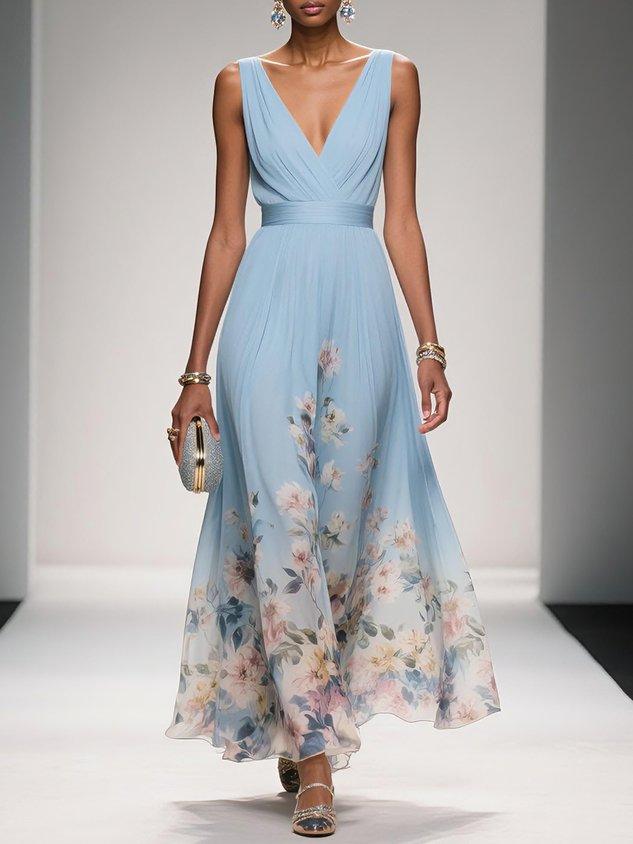 Women's Chiffon Maxi Dress with V Neck and Wide Straps