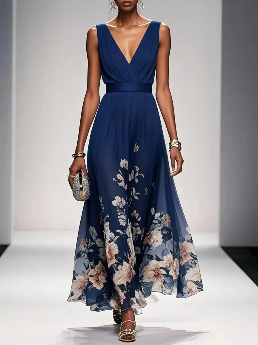 Women's Chiffon Maxi Dress with V Neck and Wide Straps