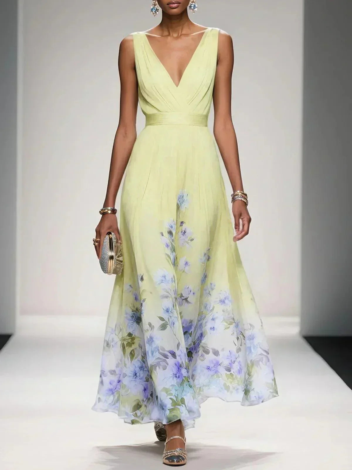 Women's Chiffon Maxi Dress with V Neck and Wide Straps