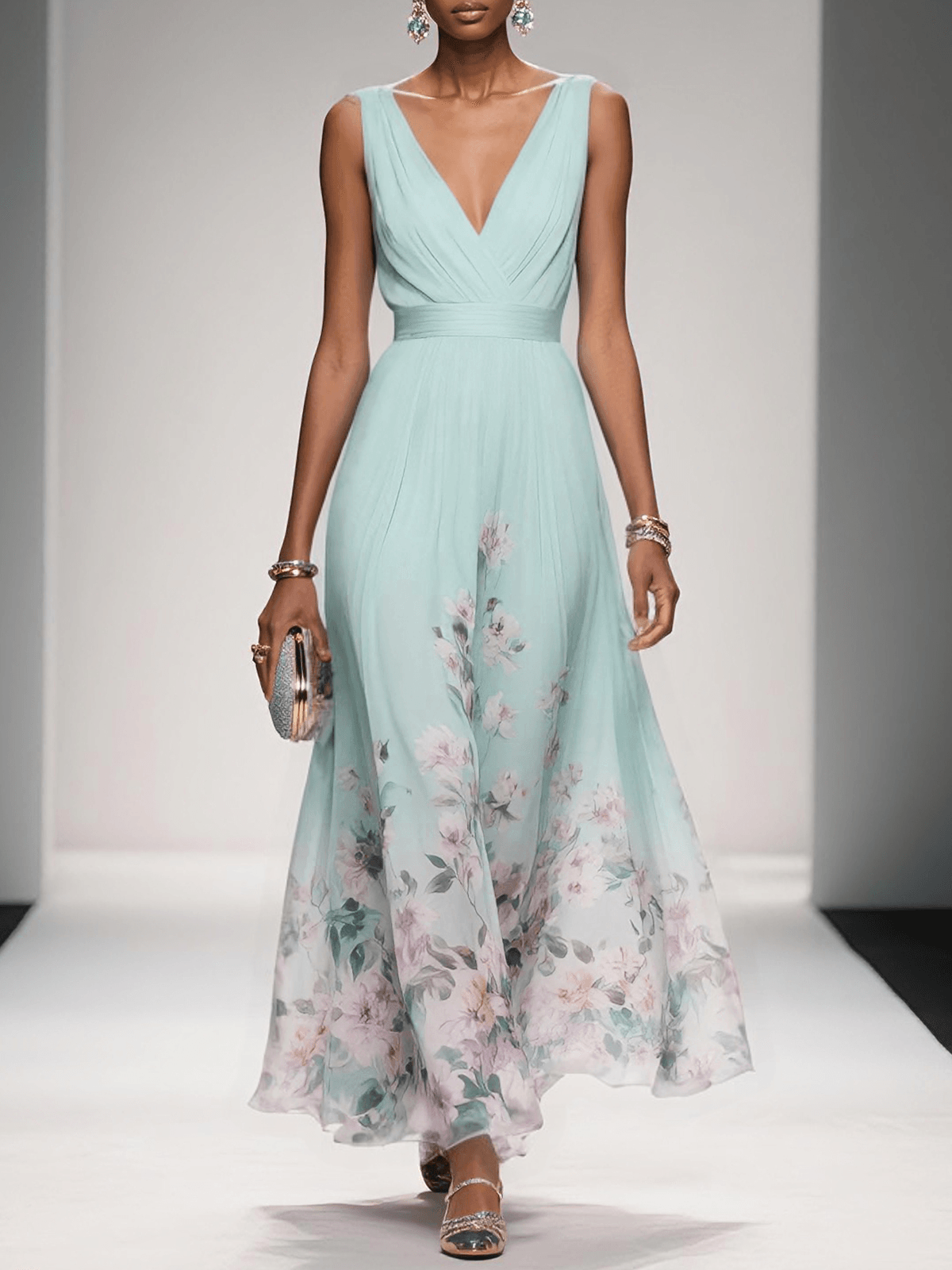 Women's Chiffon Maxi Dress with V Neck and Wide Straps