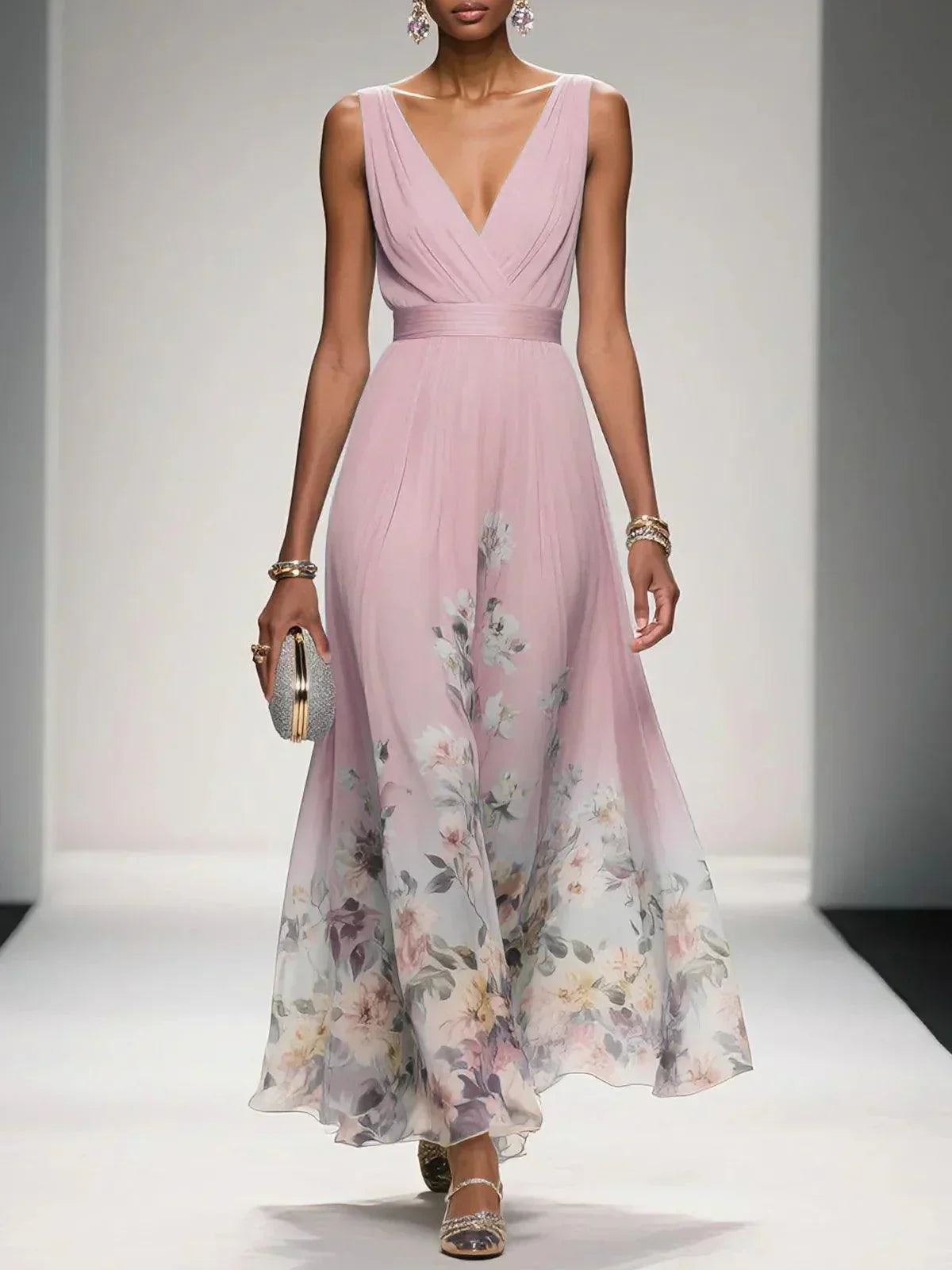 Women's Chiffon Maxi Dress with V Neck and Wide Straps