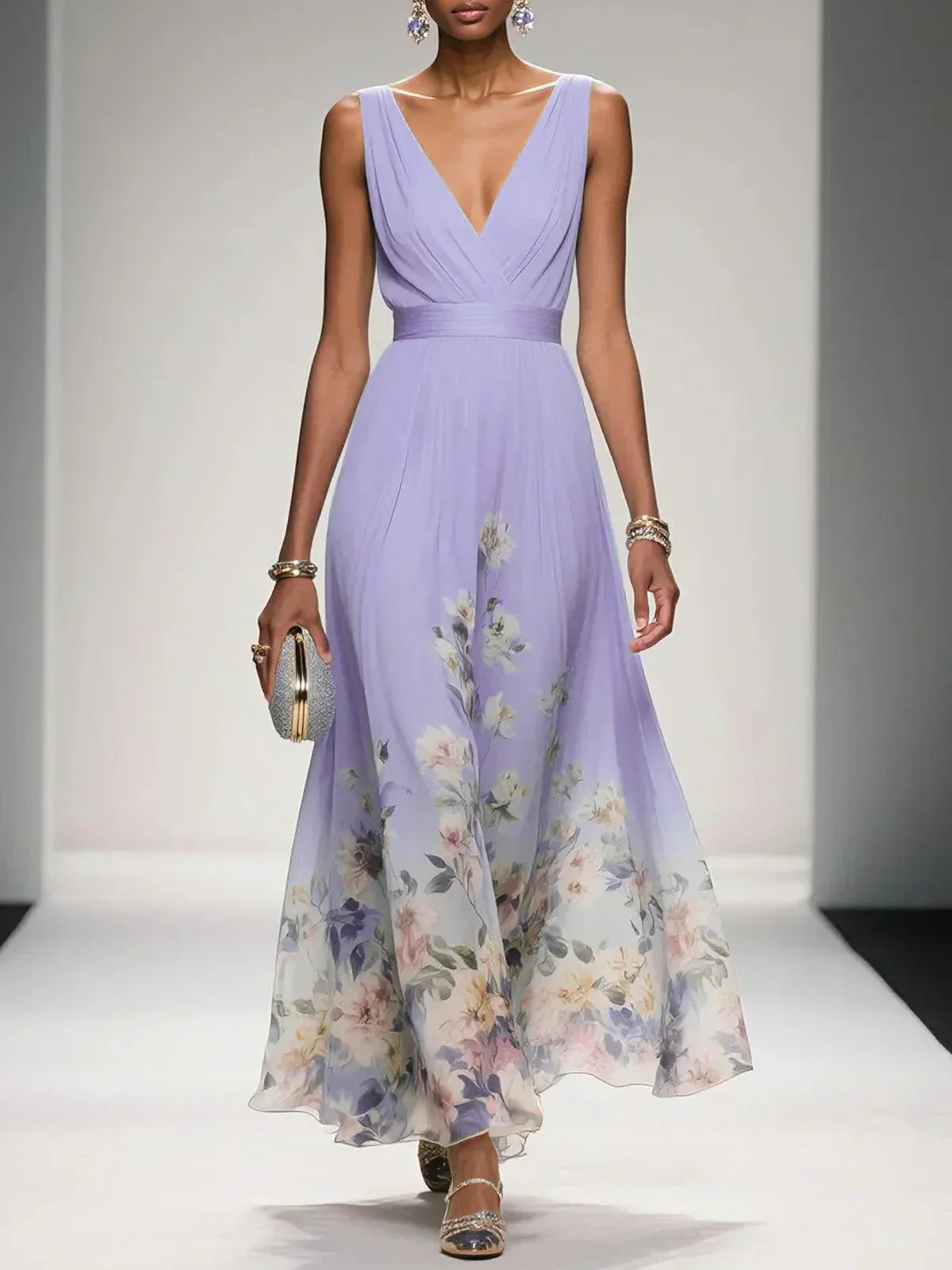 Women's Chiffon Maxi Dress with V Neck and Wide Straps