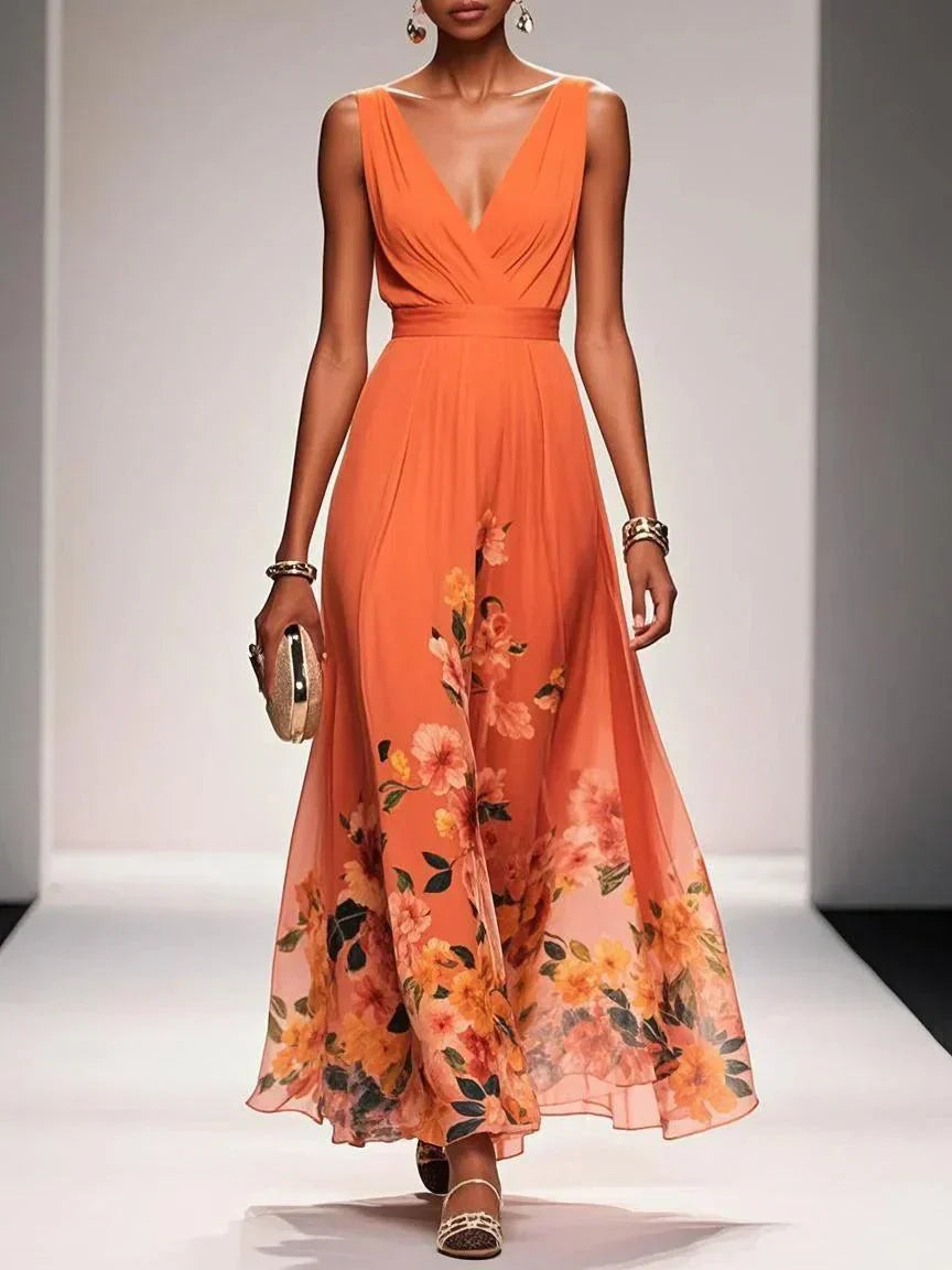 Women's Chiffon Maxi Dress with V Neck and Wide Straps