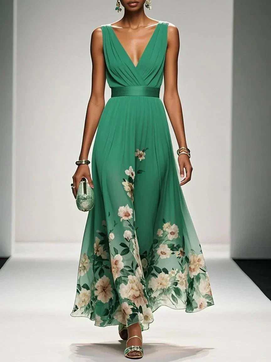 Women's Chiffon Maxi Dress with V Neck and Wide Straps