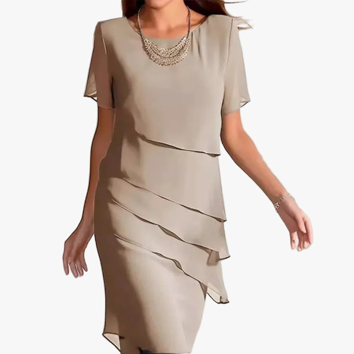 Women's Chiffon Midi Dress with Round Neck and Tiered Overlay