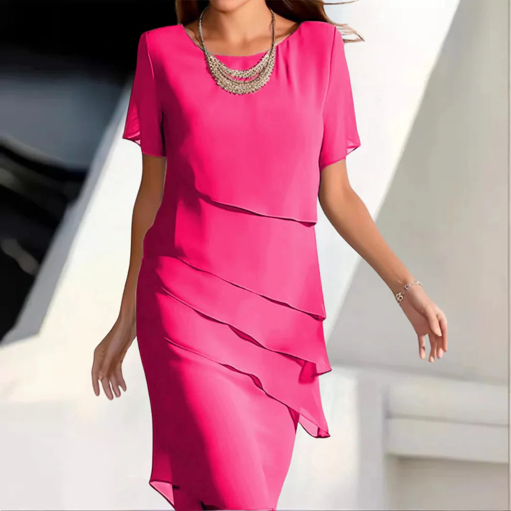 Women's Chiffon Midi Dress with Round Neck and Tiered Overlay