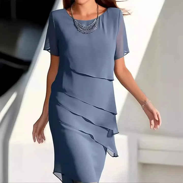 Women's Chiffon Midi Dress with Round Neck and Tiered Overlay