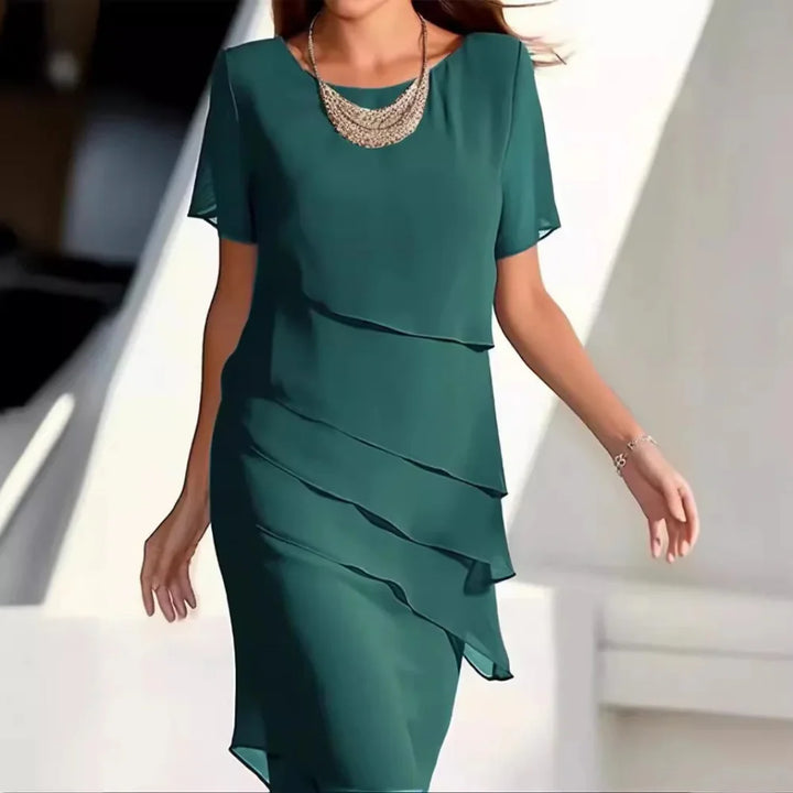 Women's Chiffon Midi Dress with Round Neck and Tiered Overlay