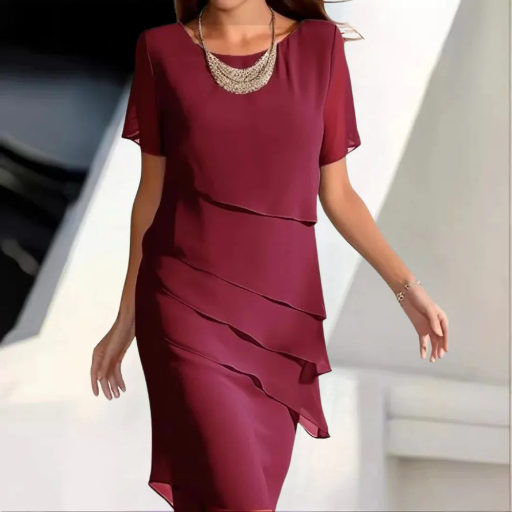 Women's Chiffon Midi Dress with Round Neck and Tiered Overlay